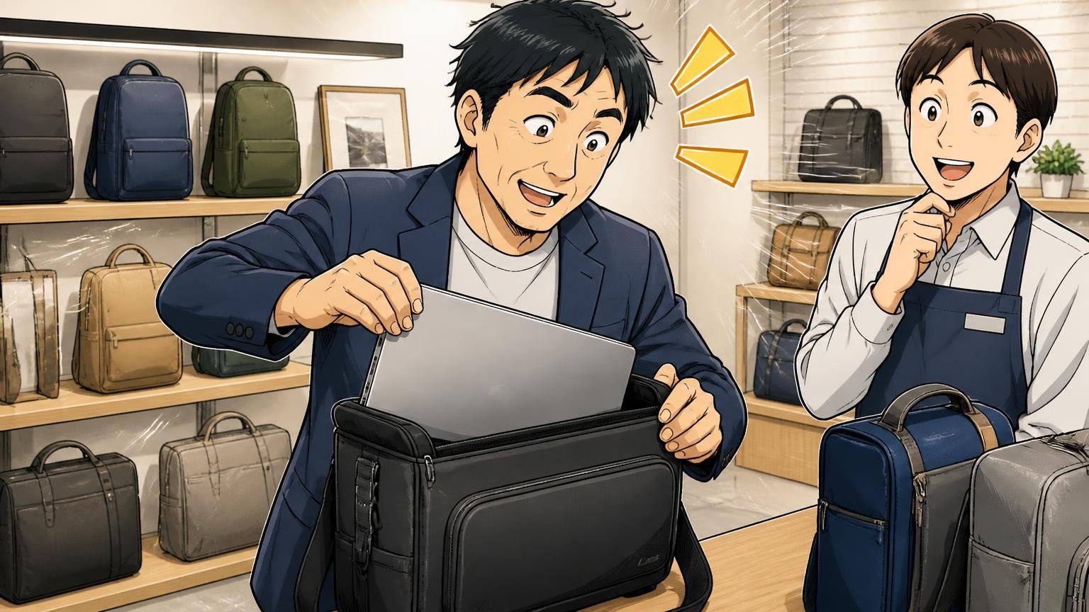 迷ったら買う前に確かめたい5つのチェック、ショールームで店員と一緒にバッグの中にノートパソコンを入れて確かめる40代男性1人の場面