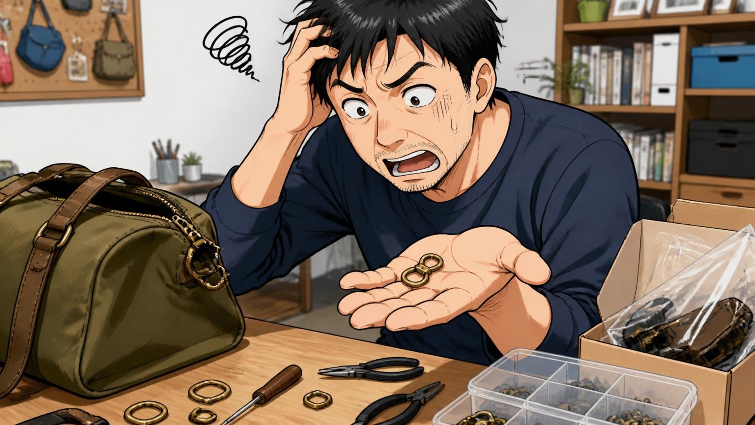 「部品がキット売り」「金具が弱い気がする」、自宅の作業机で、40代男性1人が外れたバッグの金具を手のひらにのせて困り顔をする場面