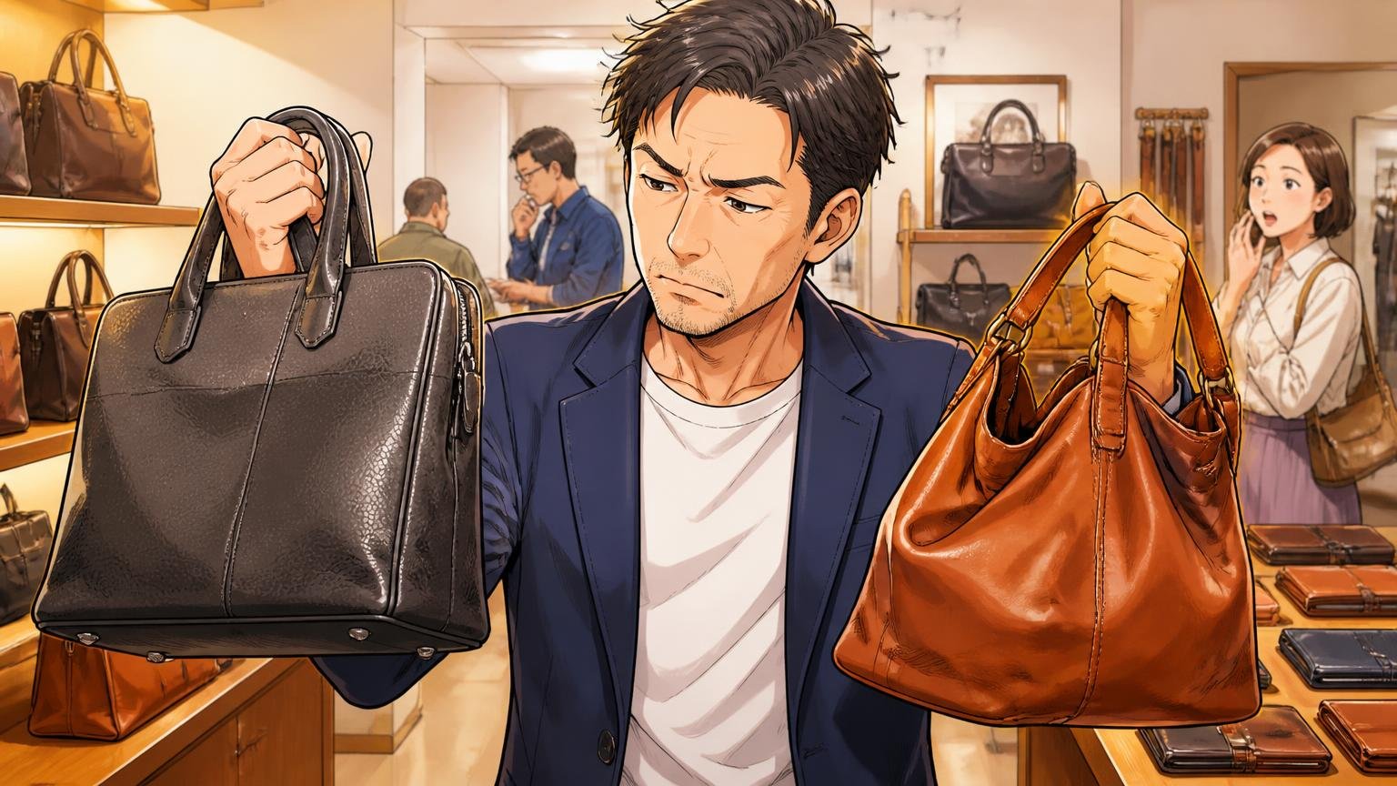 評判が割れる理由は「革の種類」と「買い方」 革製品店の売り場で硬い革と柔らかい革のバッグを両手で比べる40代男性1人が考え込む場面