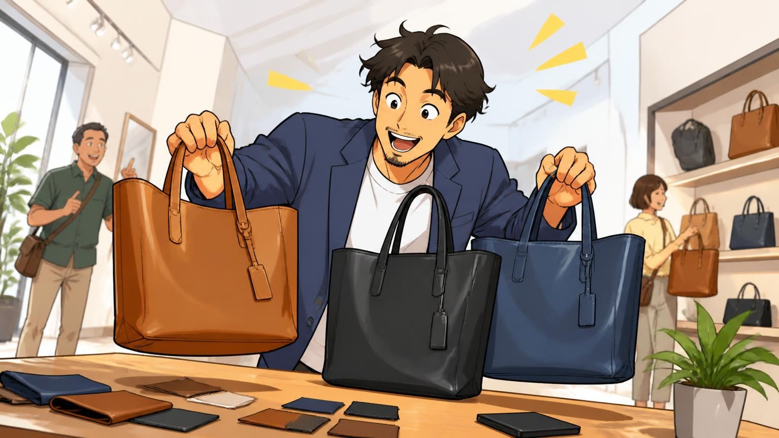 ロゴに頼らず質で選べる日本製の革バッグブランド｜明るいショールームで3つの革トートを手に取り男性が目を輝かせる場面