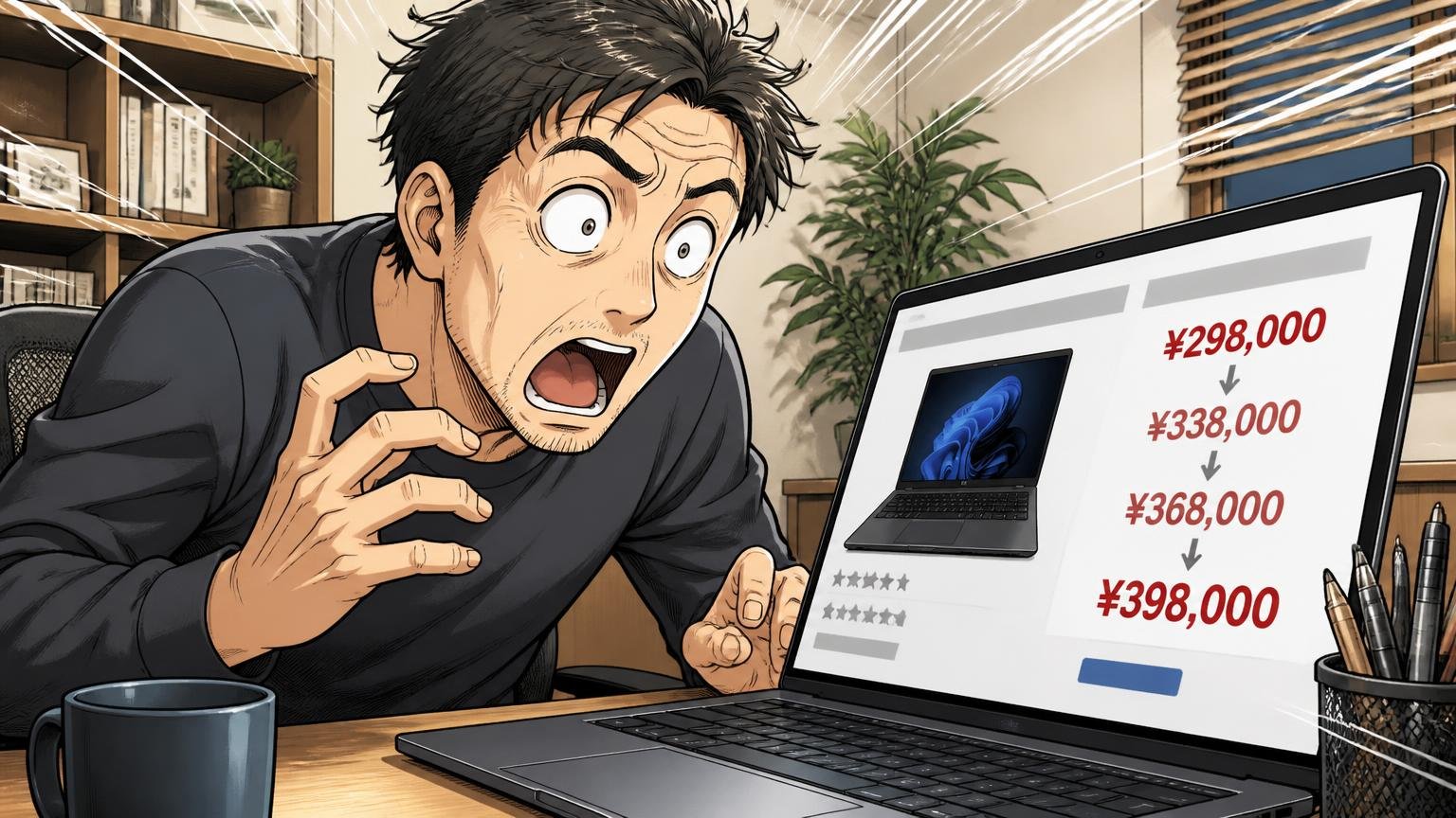 価格が高く同じモデルでも数年で上がっている、自宅の書斎で40代男性がパソコンの価格表示を見て思わず目を見開く場面