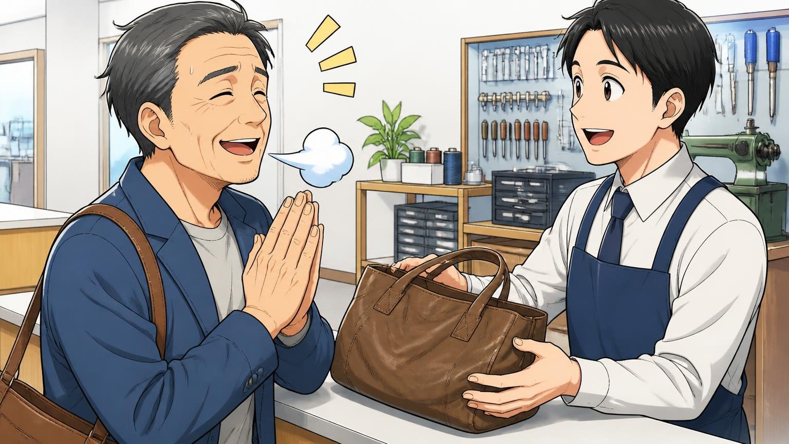 保証は公式購入品に1年　修理受付カウンターで持ち手のほつれた革のトートを預ける50代男性がほっとする場面