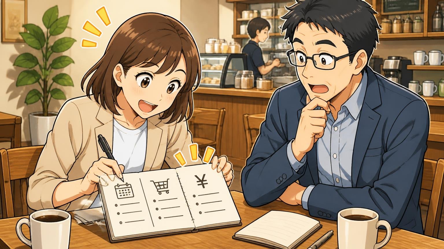 口コミは「何年・どの用途・いくらで買った声か」で読む/カフェでメモ帳に口コミの条件を書き出して整理する30代女性1人と40代男性1人