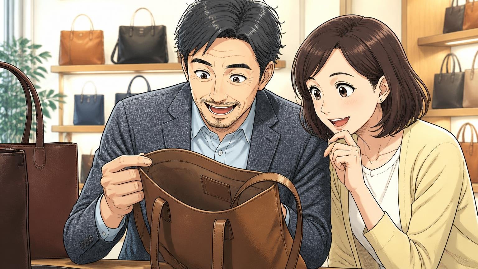 「途上国生産は不安？」への答え　店舗で革のトートの内側のタグを確かめる40代男性と付き添いの妻の2人が納得した表情