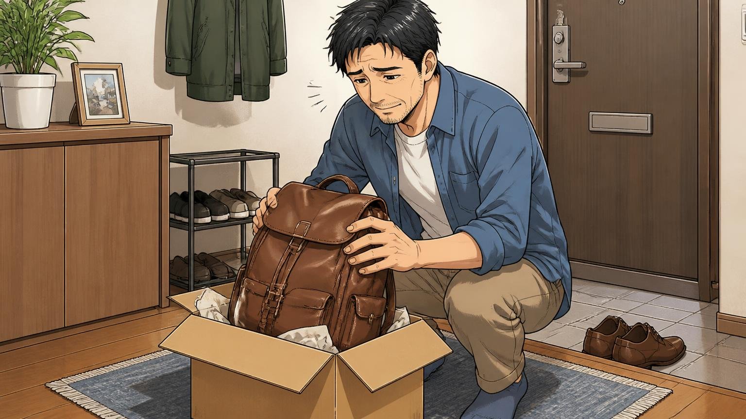 本格的な修理は3〜4か月預けることもある 自宅の玄関で修理に出す革リュックを箱に詰める40代男性1人が名残惜しそうな場面
