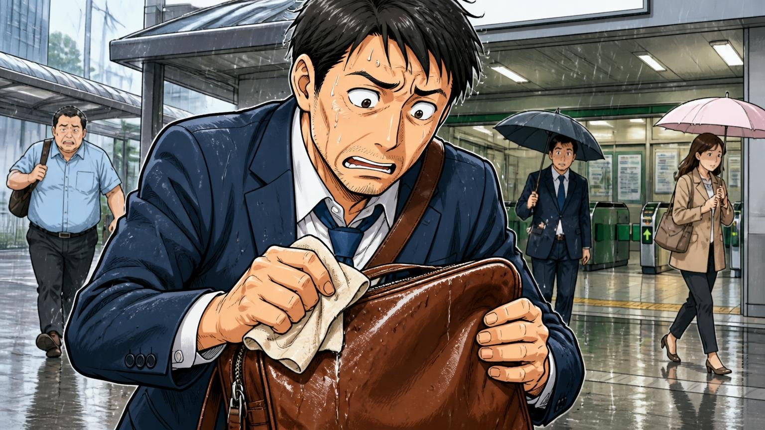 鞄いたがきが向いていない人、雨の降る駅前で濡れた革バッグをハンカチで慌てて拭く40代男性1人