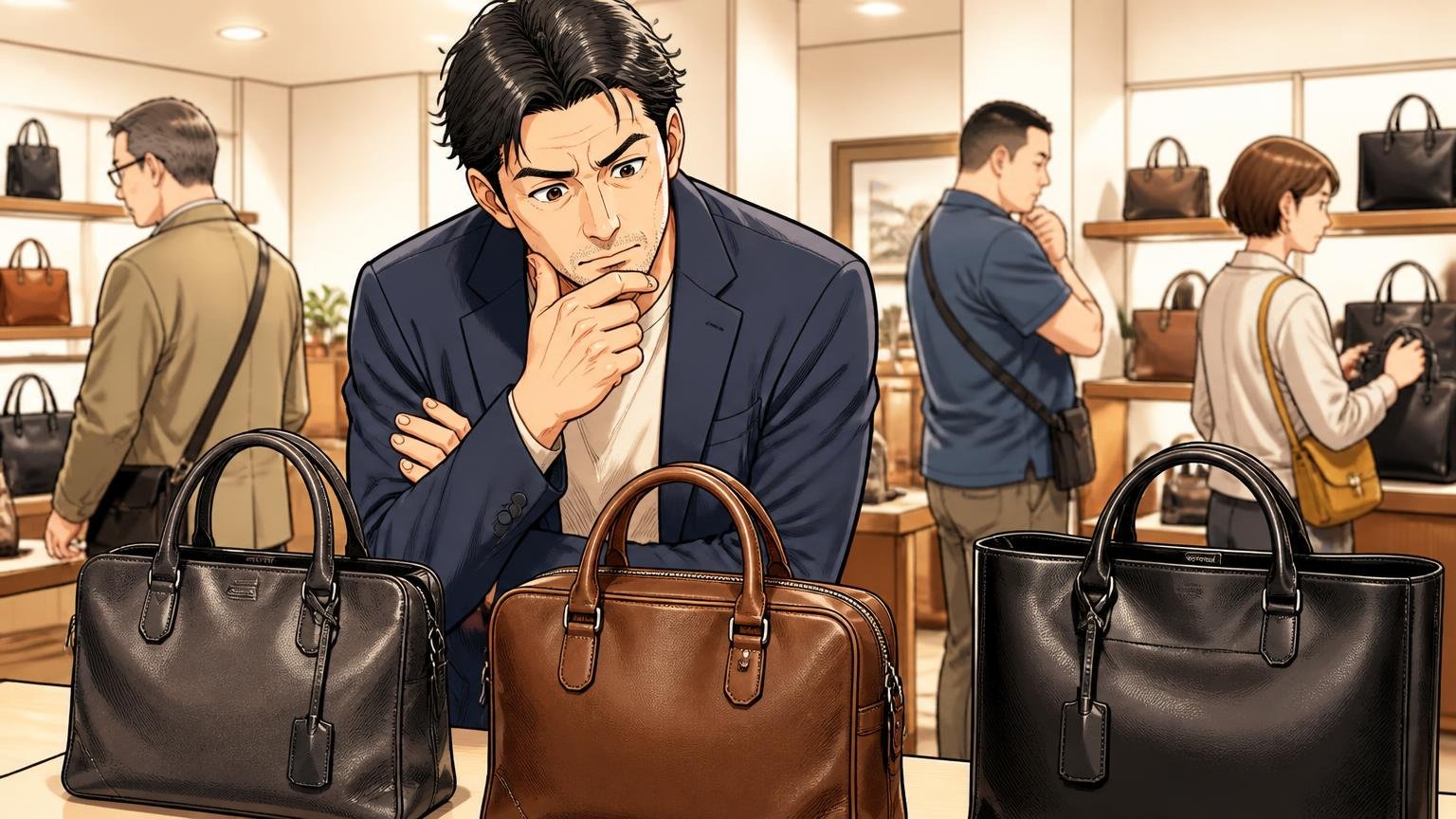 向いていない側だった40代が次に比べたい、ロゴを主張しない日本製ブランド3選。百貨店の売り場で男性が革バッグを見比べる場面