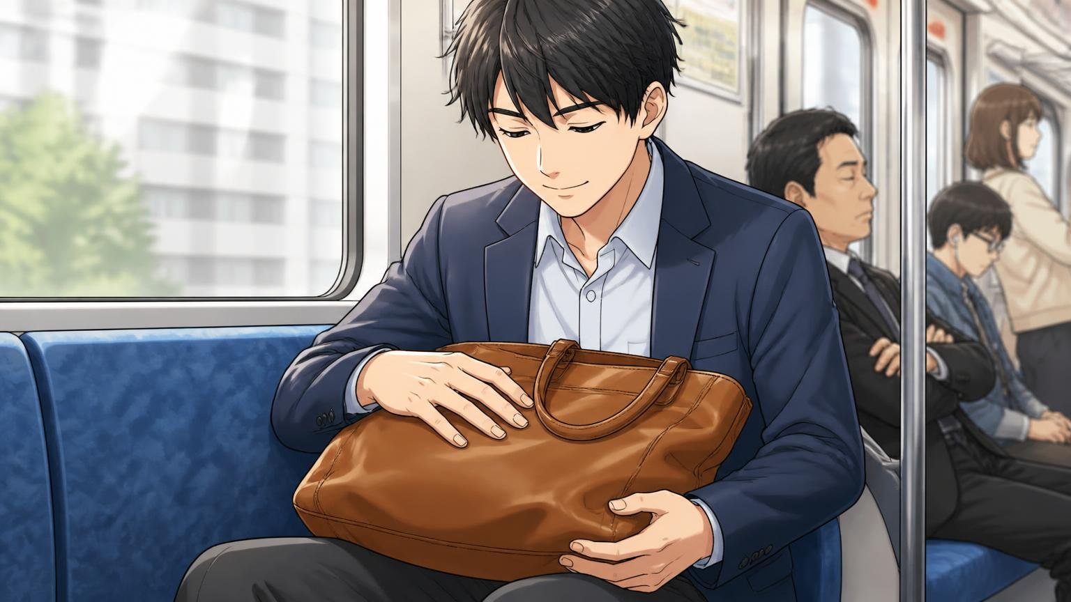 柔らかい革の手触りが好きで、手入れに手間をかけたくない人 通勤電車の座席で膝に置いた柔らかな革のトートバッグをなでる30代男性1人がほっとした表情の場面