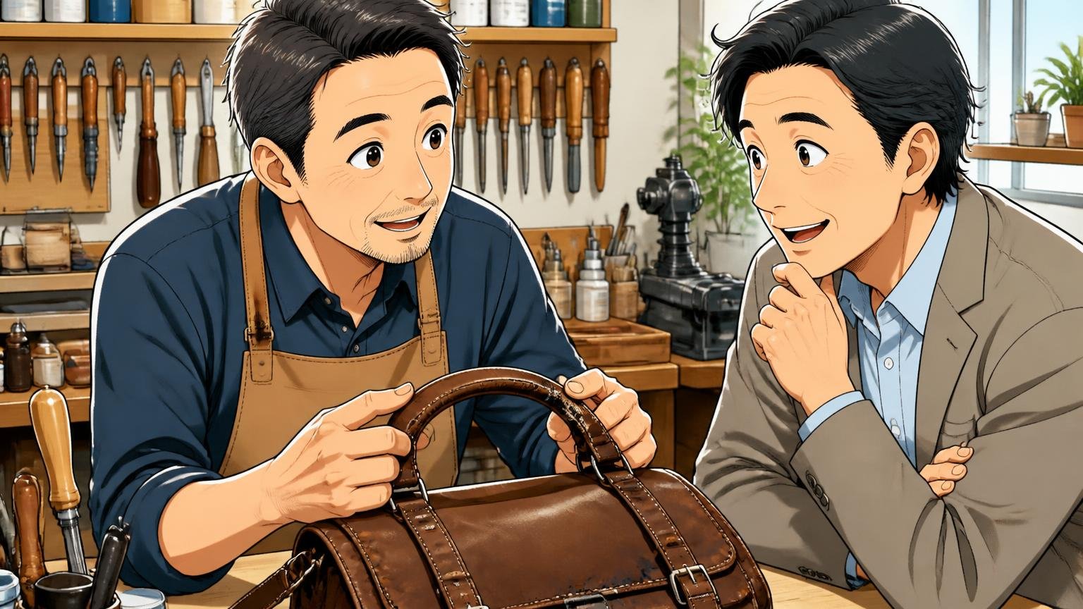 修理と保証の条件を知っておく 修理工房の作業台で傷んだ革バッグの持ち手を確認する職人1人と相談する40代男性1人が安心した表情の場面