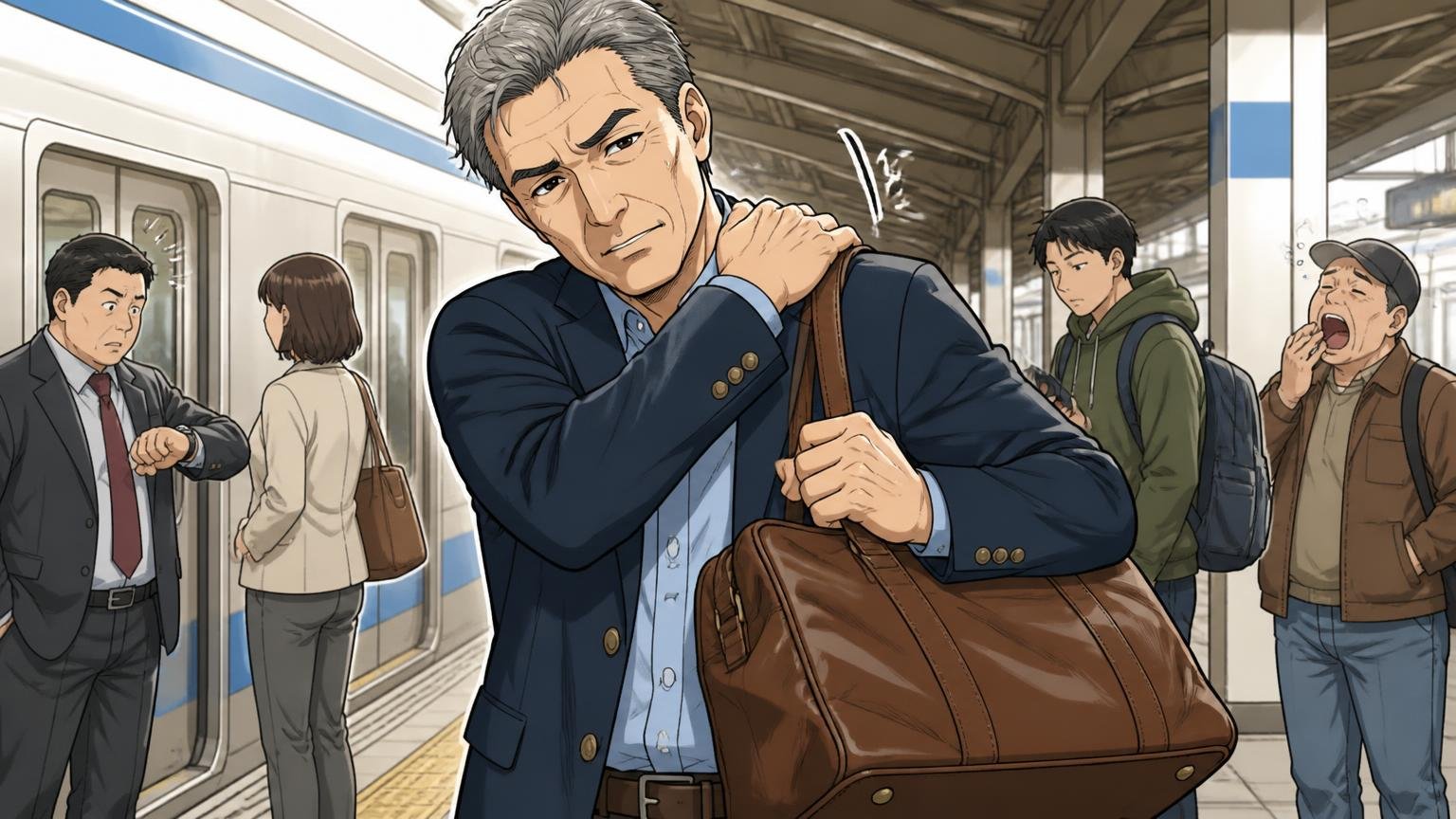 50代以上｜落ち着きが似合うが重さは要チェック 駅のホームで50代男性が重い革バッグを持ち替えて肩をさする場面
