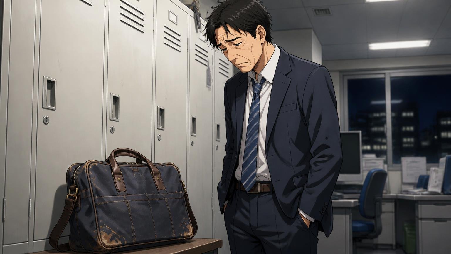 丈夫さゆえに、色あせ・角擦れのまま使い続けてしまう 夜の会社のロッカー前で角が擦れて色あせたバッグを見つめ肩を落とす40代男性1人