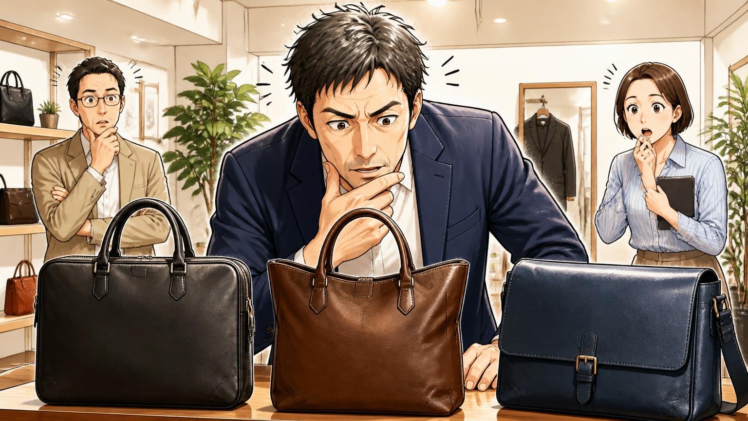 「タニザワは重い・予算オーバー」と感じた40代が見比べたい、日本製の革バッグブランド3選 ショールームで3つの日本製革バッグを並べて見比べる40代男性の場面