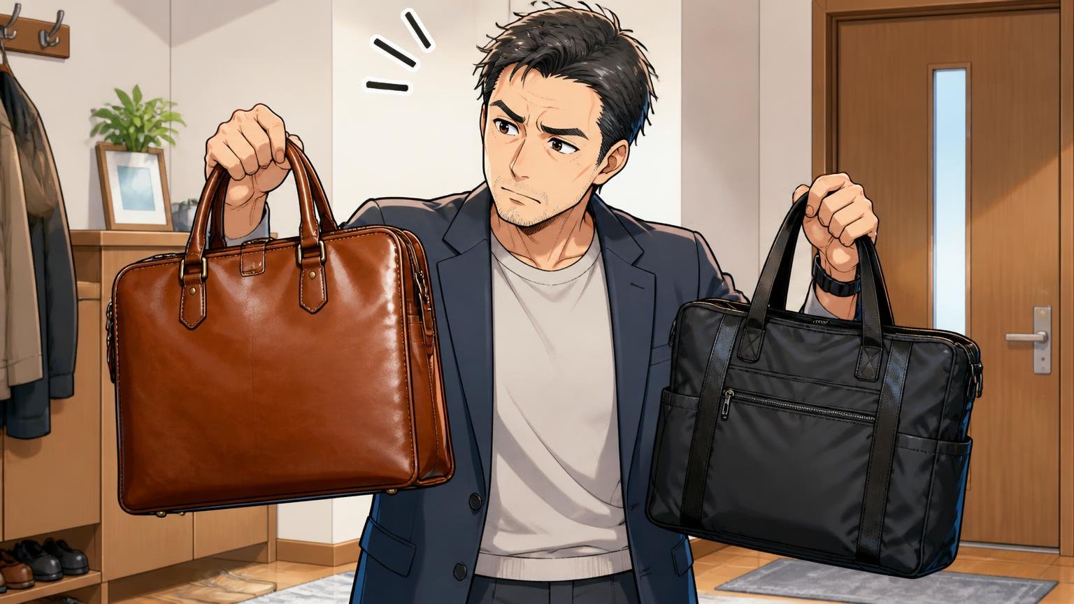 PCや書類が多い日は、ナイロンと使い分けてもいい、玄関で革とナイロンのバッグを見比べる場面、40代男性1人が迷いながらも選ぶ