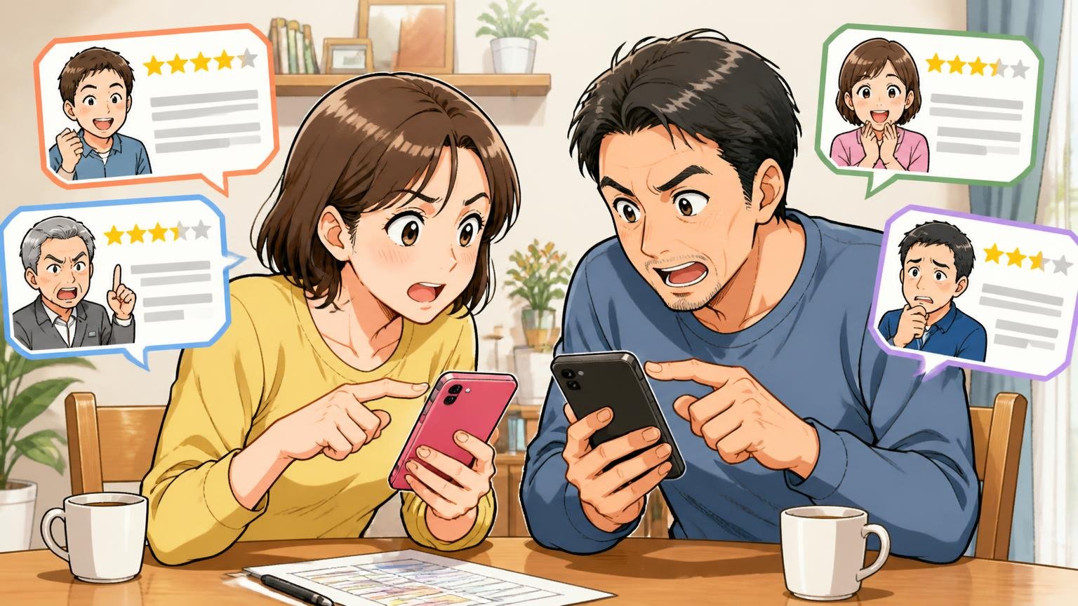 口コミは「何年使った人の声か」で読み分ける 自宅のダイニングでスマホの口コミを読み比べる30代女性と40代男性の夫婦2人が話し合う場面