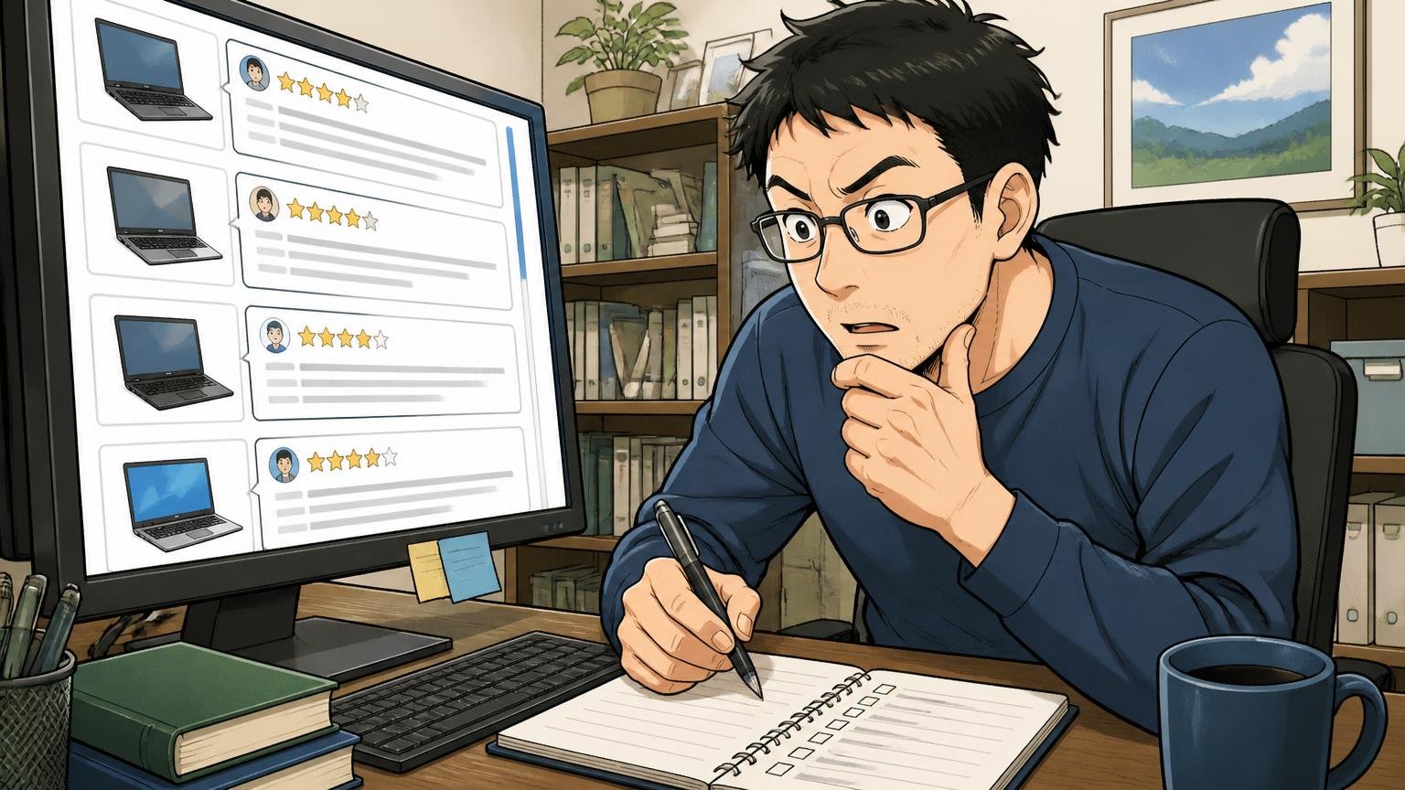 口コミを読むときは何年目のどのモデルの声かを確認する。自宅の書斎でパソコンの口コミを読み比べメモを取る40代男性1人