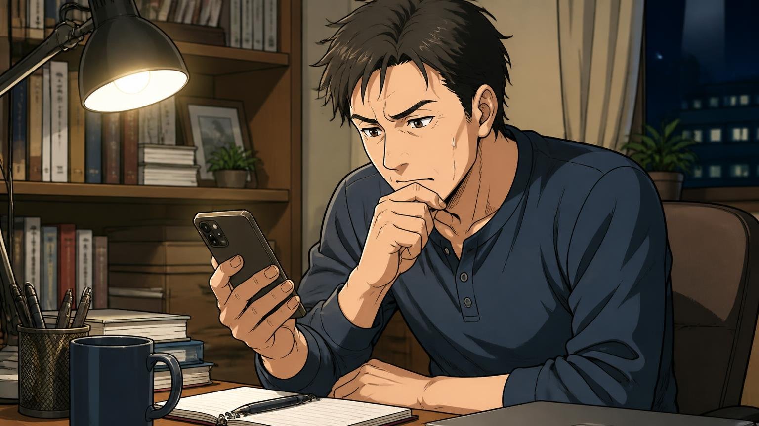 口コミは件数が少なく「買ってすぐの声」が中心 夜の書斎でスマホのレビューを読み比べて考え込む40代男性