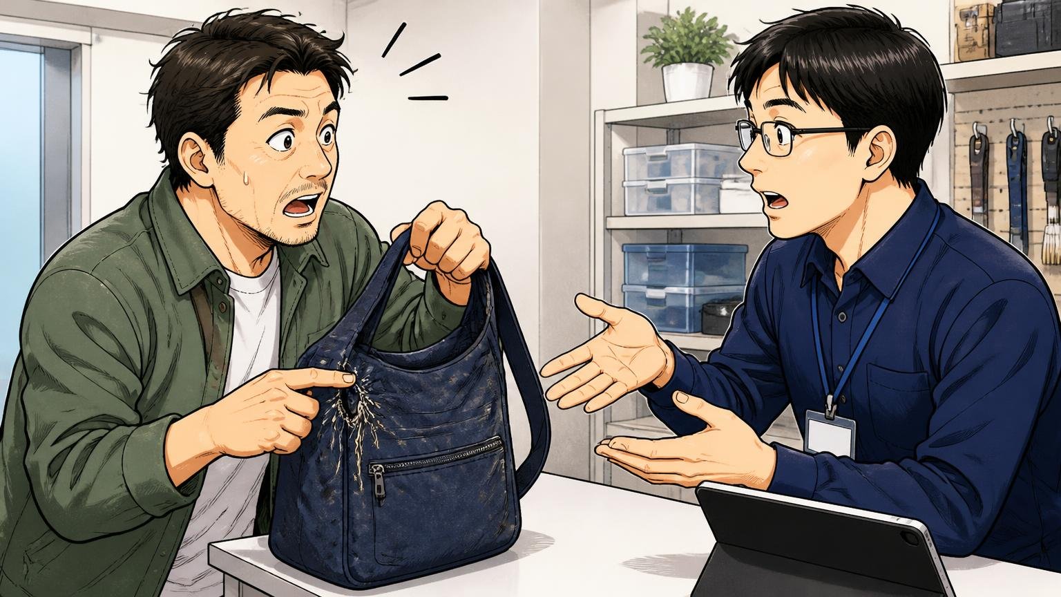 修理は公式リペアセンターで受付、ただし送料・期間は事前に確認 修理受付カウンターで店員にショルダーバッグのほつれを見せて相談する40代男性2人