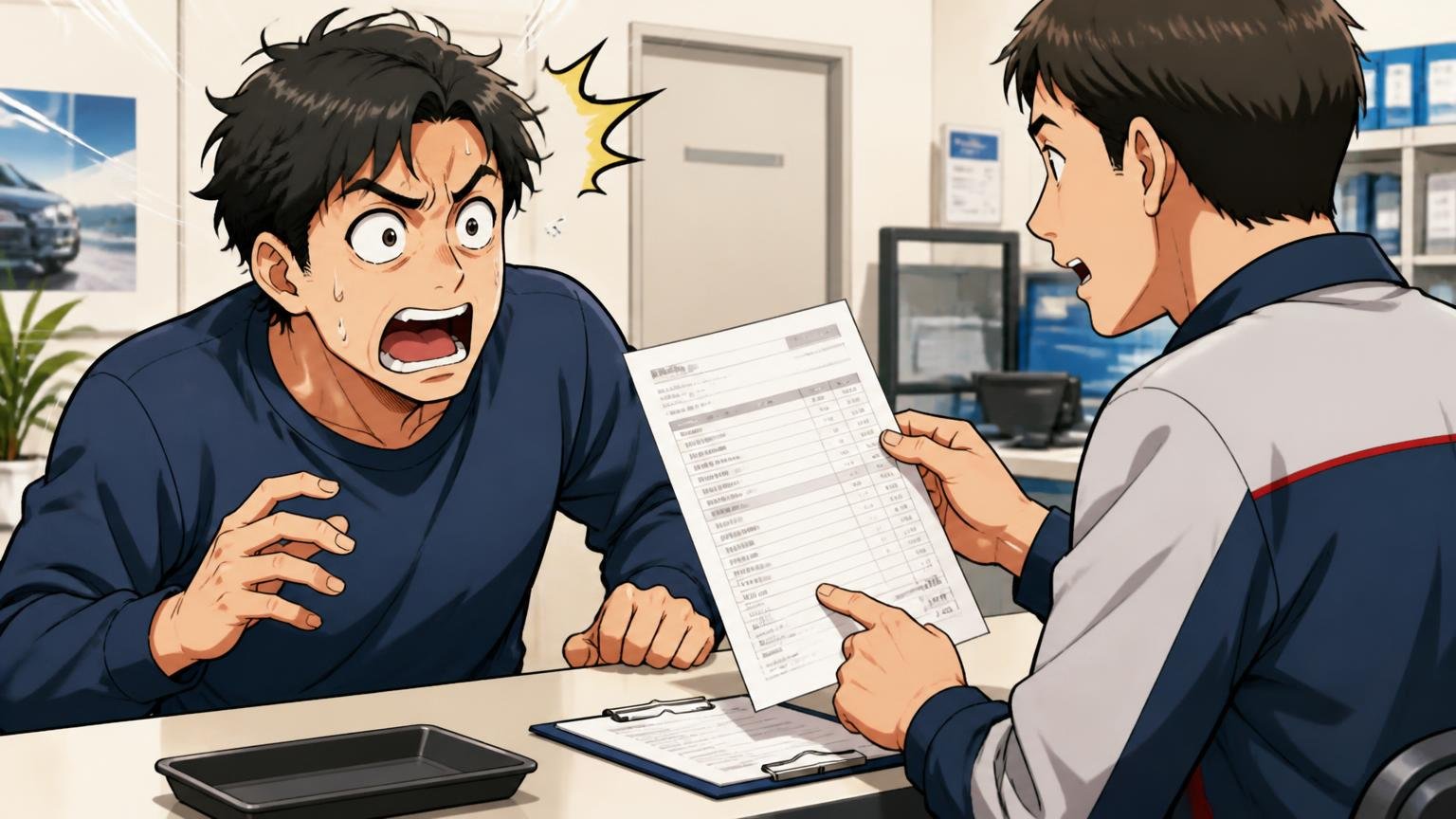 「保証期間内なのに有償修理だった」という声。修理受付カウンターで見積書を受け取り驚いて固まる男性1人と説明するスタッフ1人