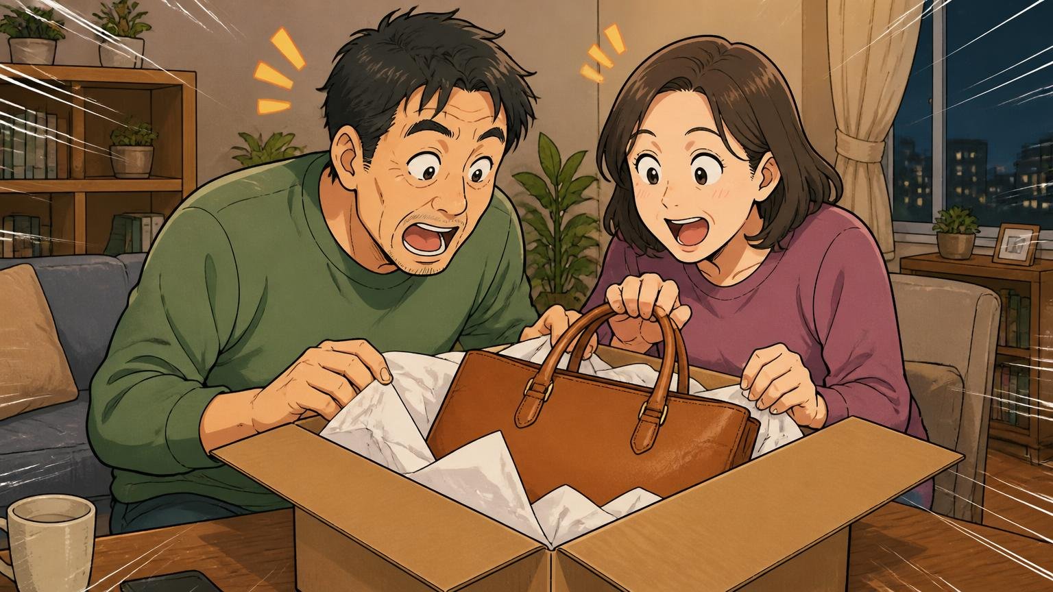 判断軸④実物を確かめられるか｜店舗なし・返品は14日以内｜夜のリビングで届いたバッグの箱を開ける40代夫婦の2人が中身を確かめる場面