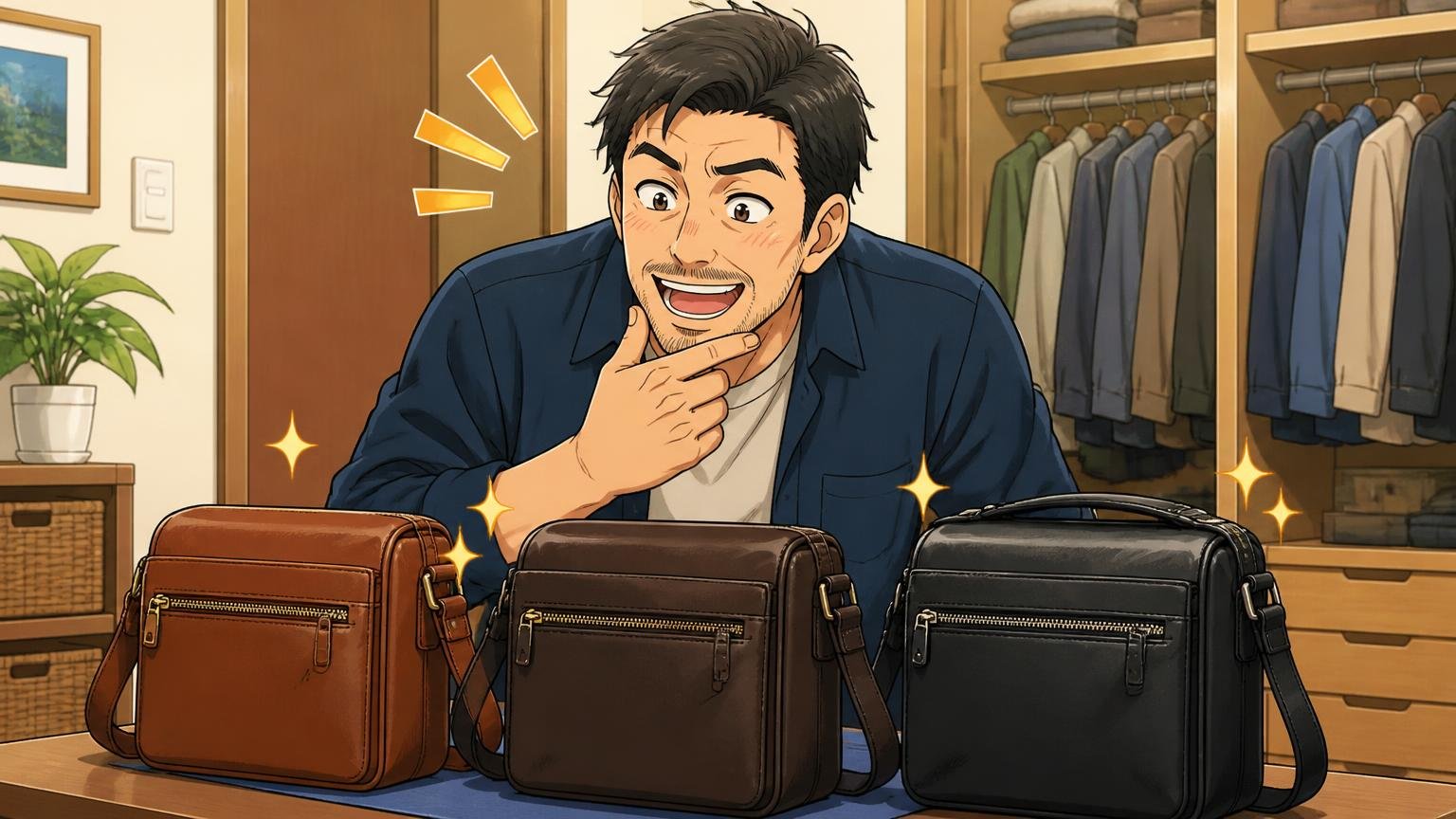 3個目3回目とリピートする人がいる 自宅のクローゼットの前で40代男性が並んだ3つの革バッグを満足げに眺める場面