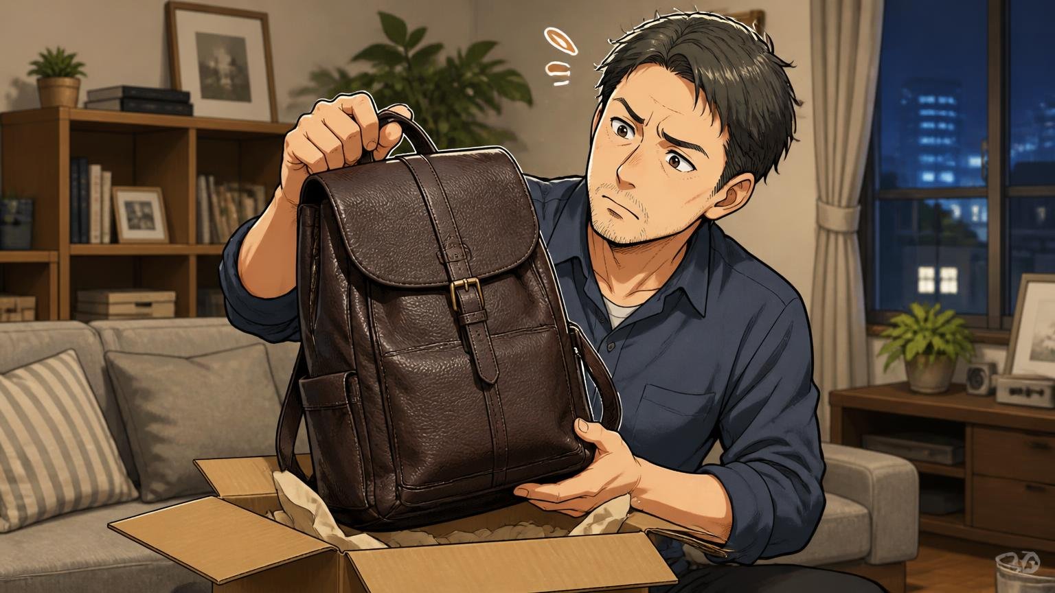 「実物を見ずに買うと微妙」「サイズが想像と違う」｜用途を先に決める。夜のリビングで届いた箱を開け革リュックを持ち上げる40代男性1人が首をかしげる場面
