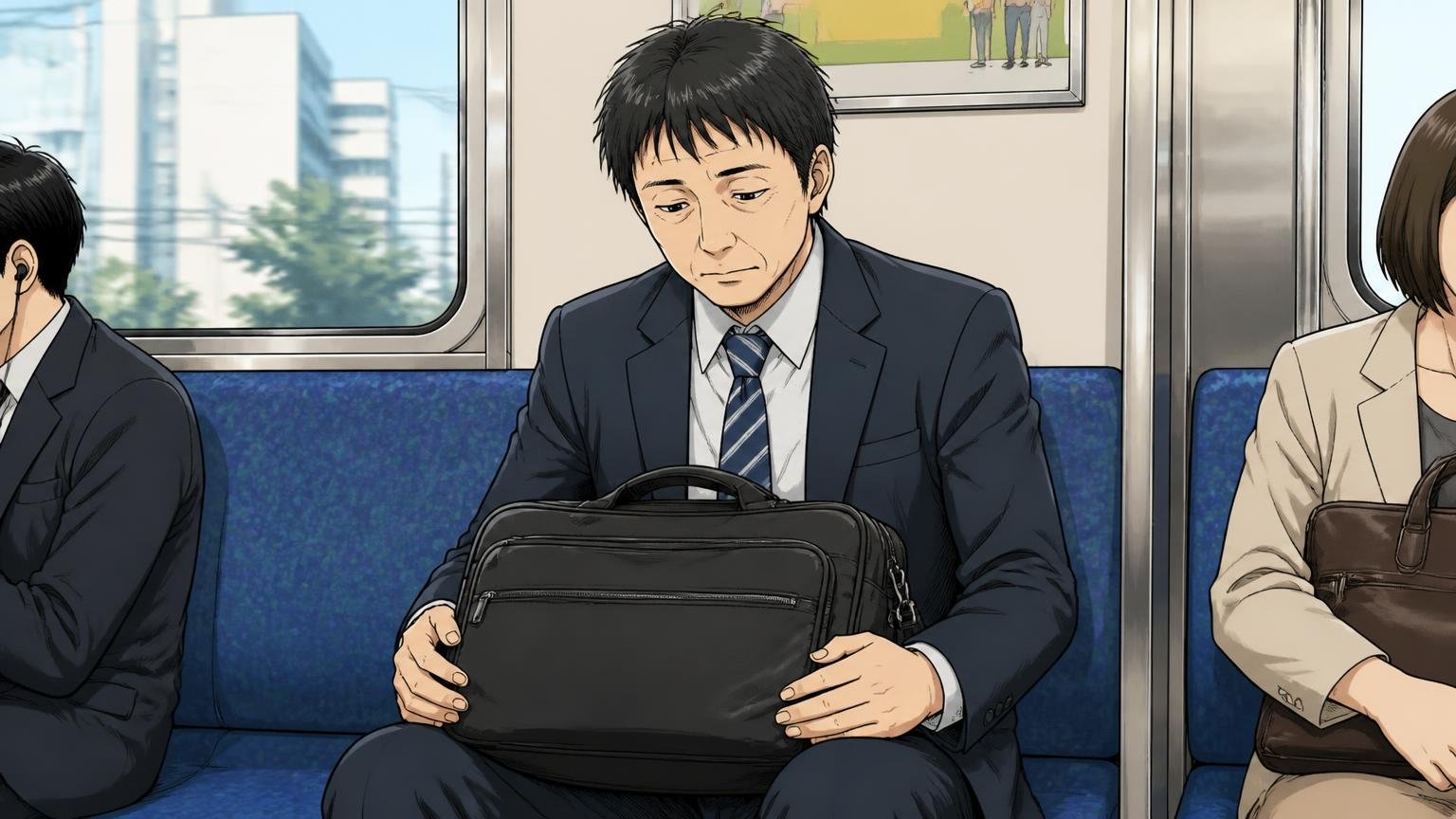 「普通です」道具としては十分、でも相棒にはなりにくい。通勤電車の座席で膝の上のバッグをぼんやり眺める40代男性1人の場面