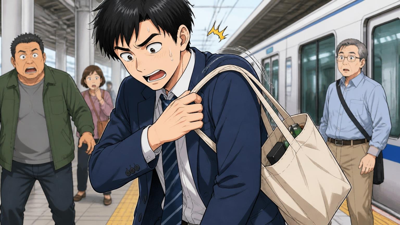 持ち手の長さと肩当たりで「背中に回らない」ものを　駅のホームで肩からずり落ちるトートを慌てて押さえる男性と後ろの通行人の場面