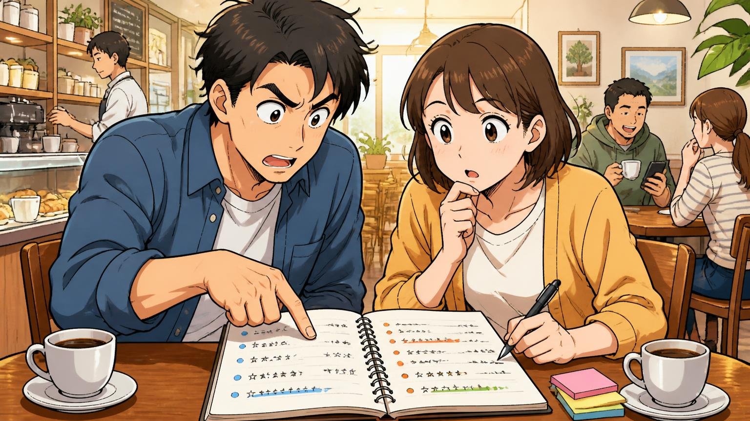 口コミは「誰が・何年・何と比べたか」で読む カフェのテーブルで夫婦がノートに口コミを書き出し整理する2人