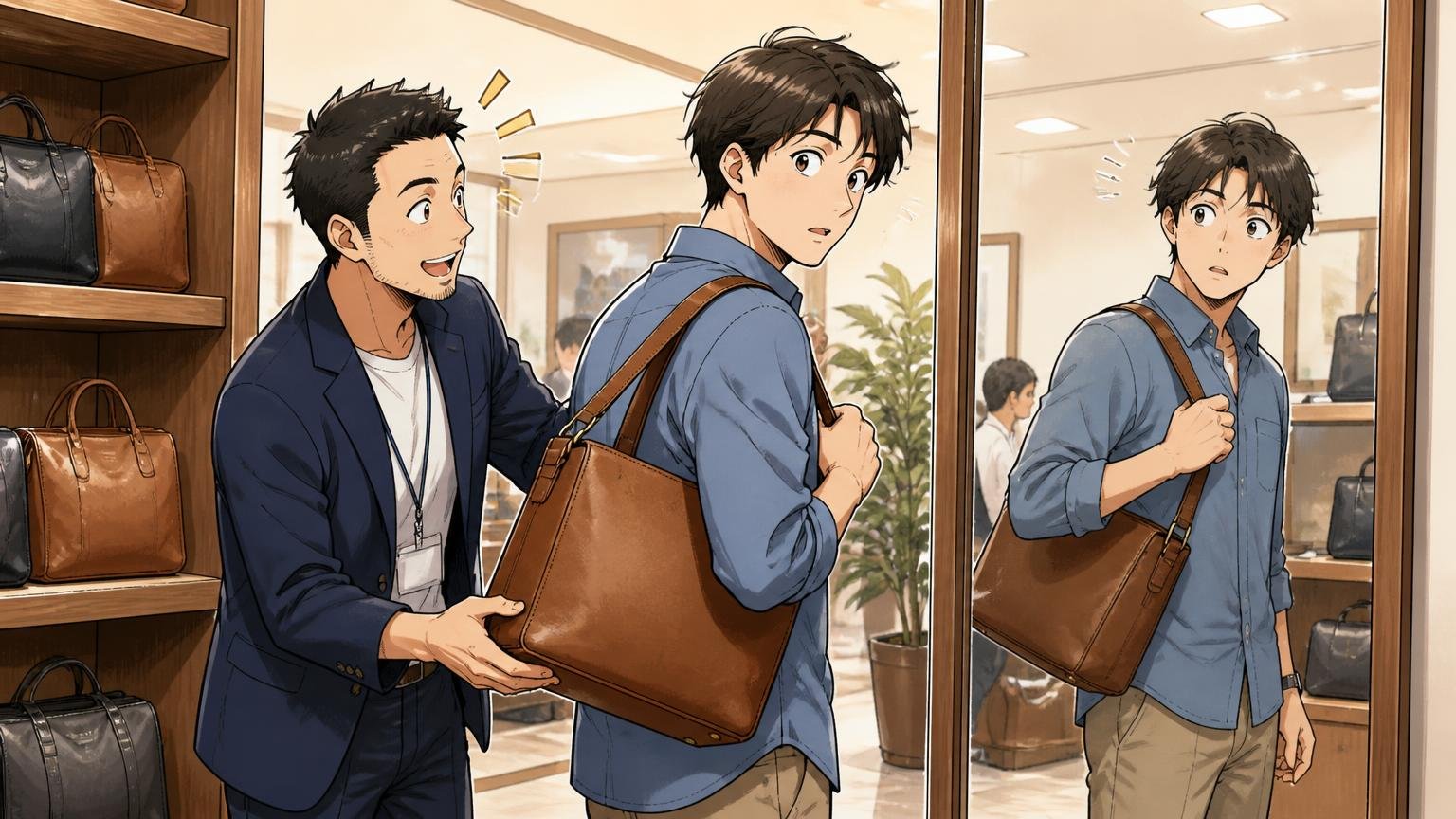買う前に直営店で実物を確かめる 直営店の鏡の前で男性が店員と一緒に革バッグを肩にかけ重さとマチを確かめる場面