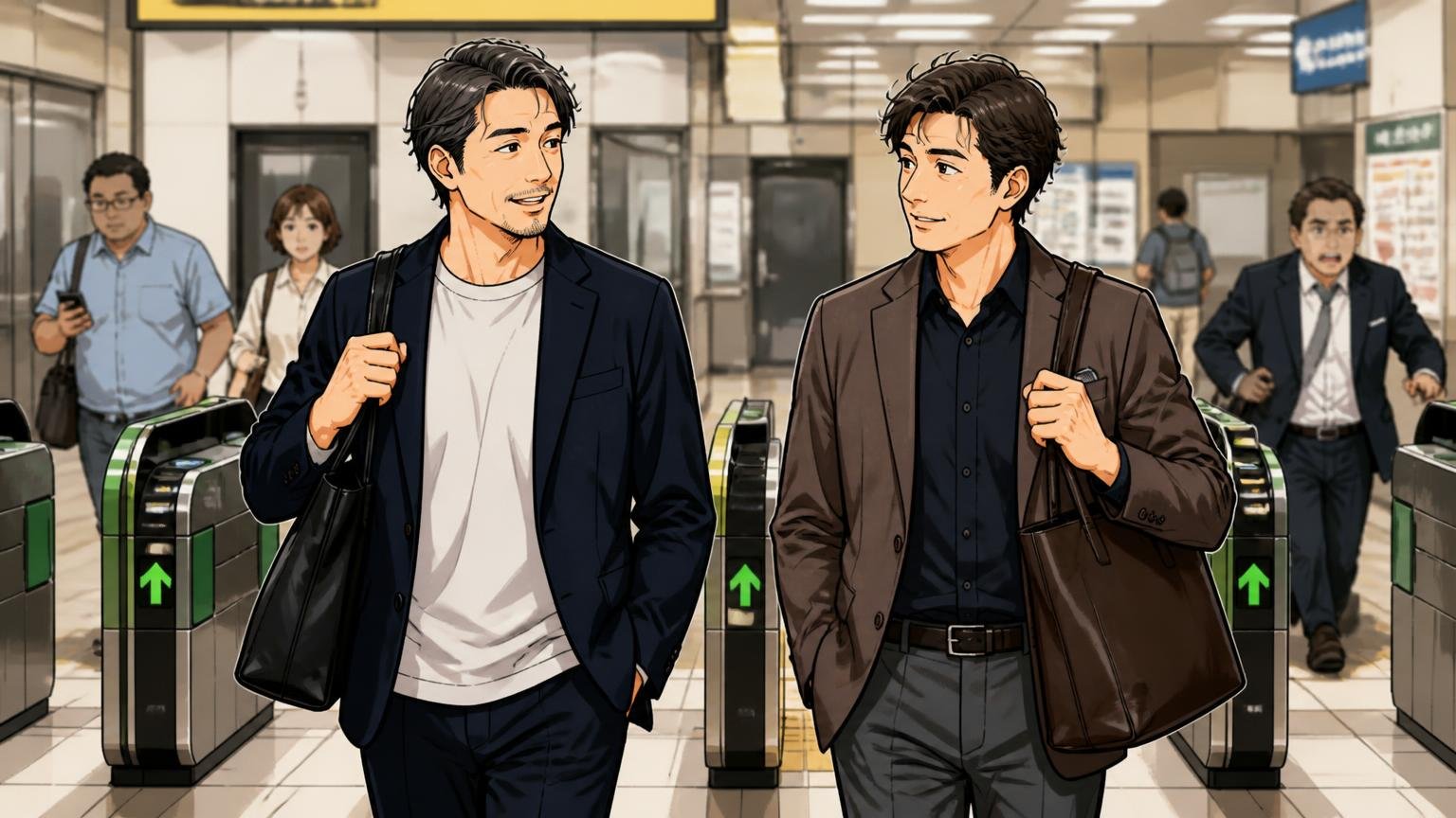色とデザインは「ロゴ控えめ・黒か濃い茶」　駅の改札前で黒と濃い茶の革トートを持つ40代男性2人が並んで歩く場面
