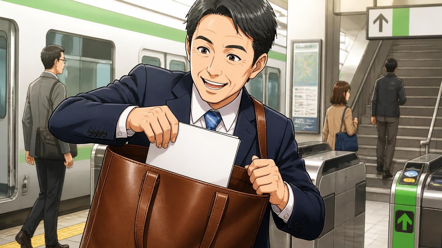 トートバッグが向いている人　通勤途中の駅で革トートからさっと書類を取り出す40代男性の笑顔の場面