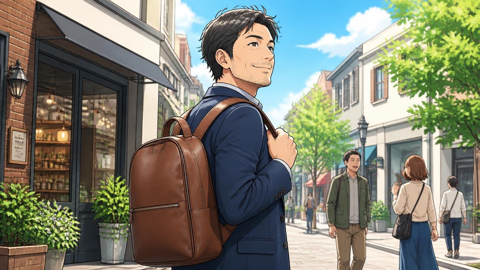マザーハウスが向いている人 休日の街角で革のバックパックを背負って歩く場面 40代男性1人 晴れやかな表情で胸を張る
