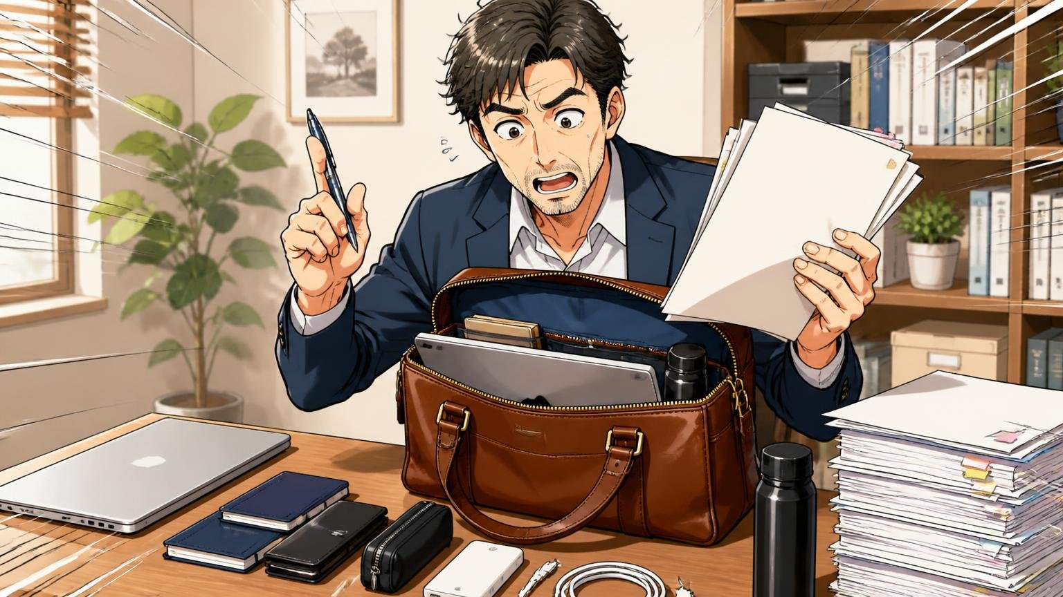 STEP1:用途と「毎日持つ重さ」を先に決める 自宅の机でPCと書類を革バッグに詰める場面、40代男性1人が中身を数えている