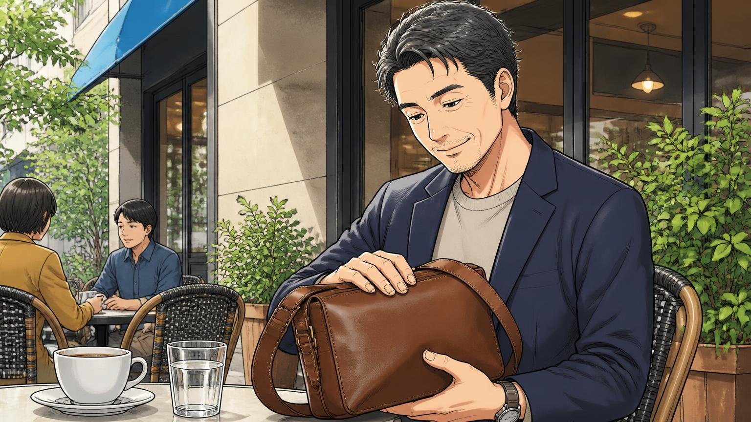 土屋鞄が向いている人。休日のカフェのテラス席で革のショルダーバッグをなでながらほほえむ40代男性1人の場面