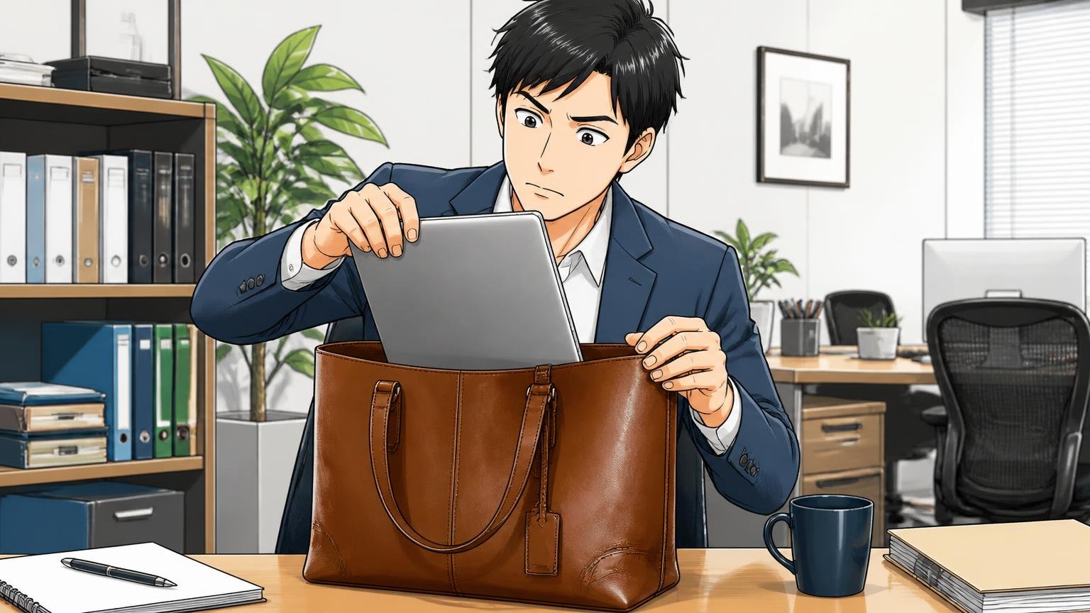 用途を決めてから型を選ぶ(容量・重さ・PCが入るか)、オフィスのデスクでノートPCを革のトートバッグに入れて確かめる男性1人の場面