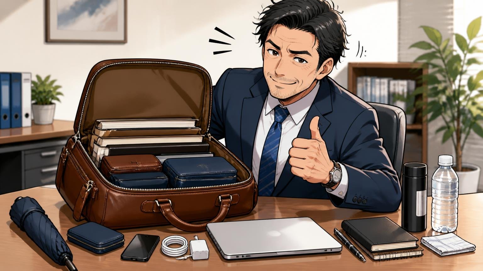 中身は「重い物を底の中央へ」、詰め込みすぎない、オフィスのデスクで革のビジネスバッグの中身を並べ直し、40代の男性が満足そうにうなずく場面