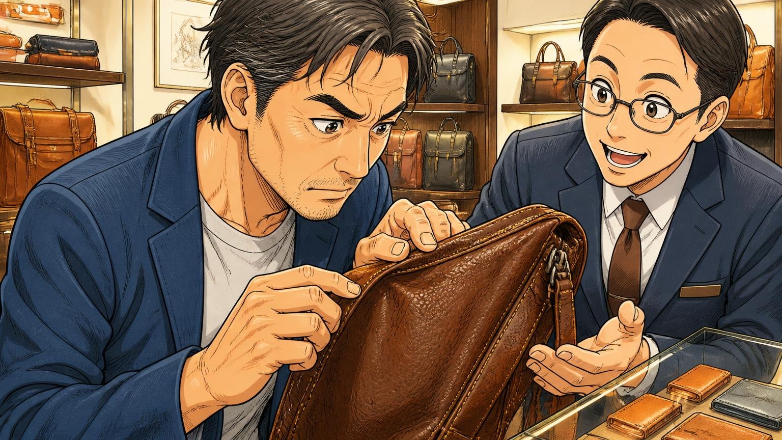 「実物で確かめたい」「修理まで任せたい」なら、3つの判断軸で比べる ショールームで店員と革の質感と縫い目を確かめる40代男性と店員の2人