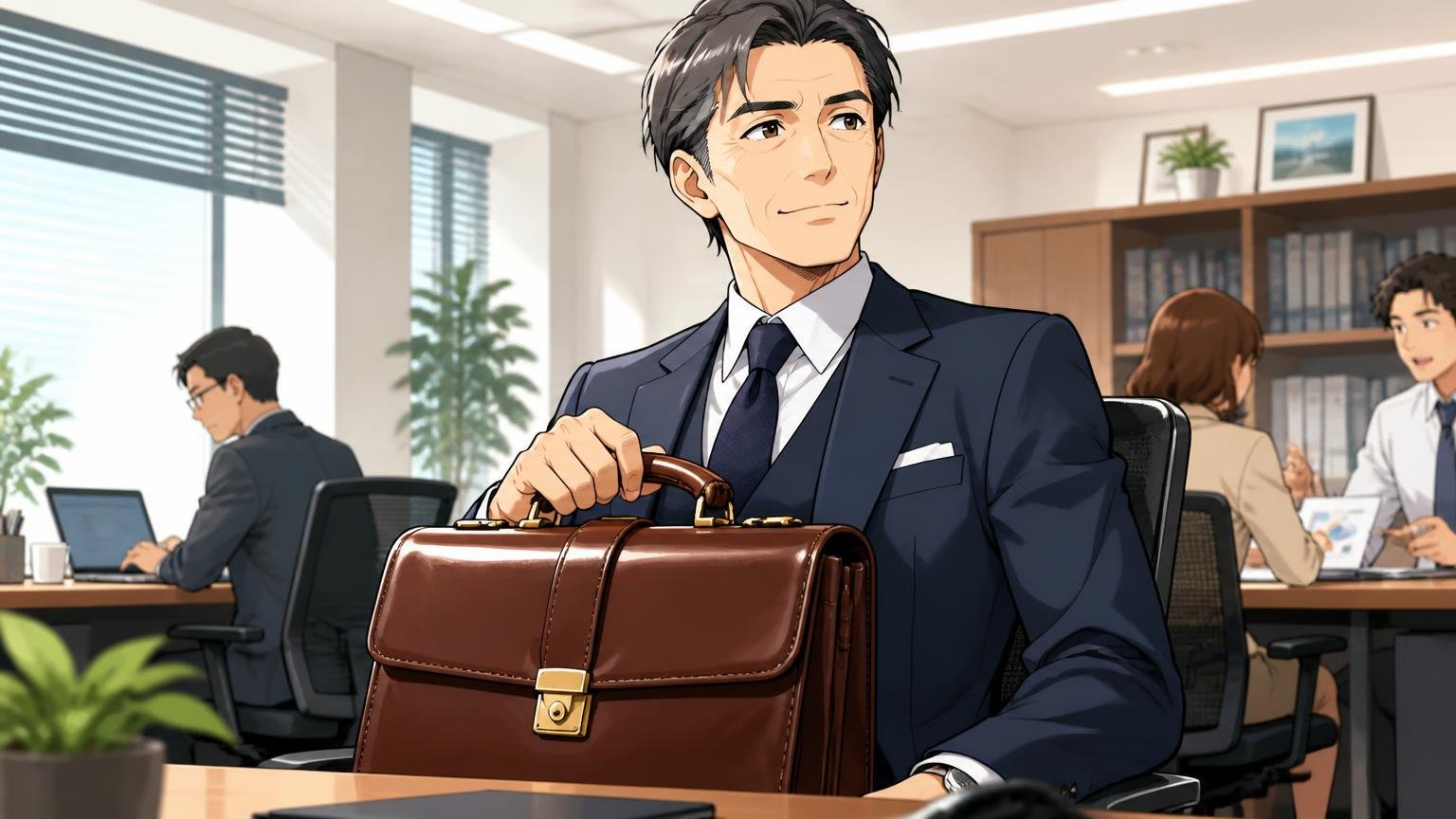 青木鞄が向いている人の5つの特徴 落ち着いたオフィスで革のダレスバッグを持つ40代男性1人 自信に満ちた表情