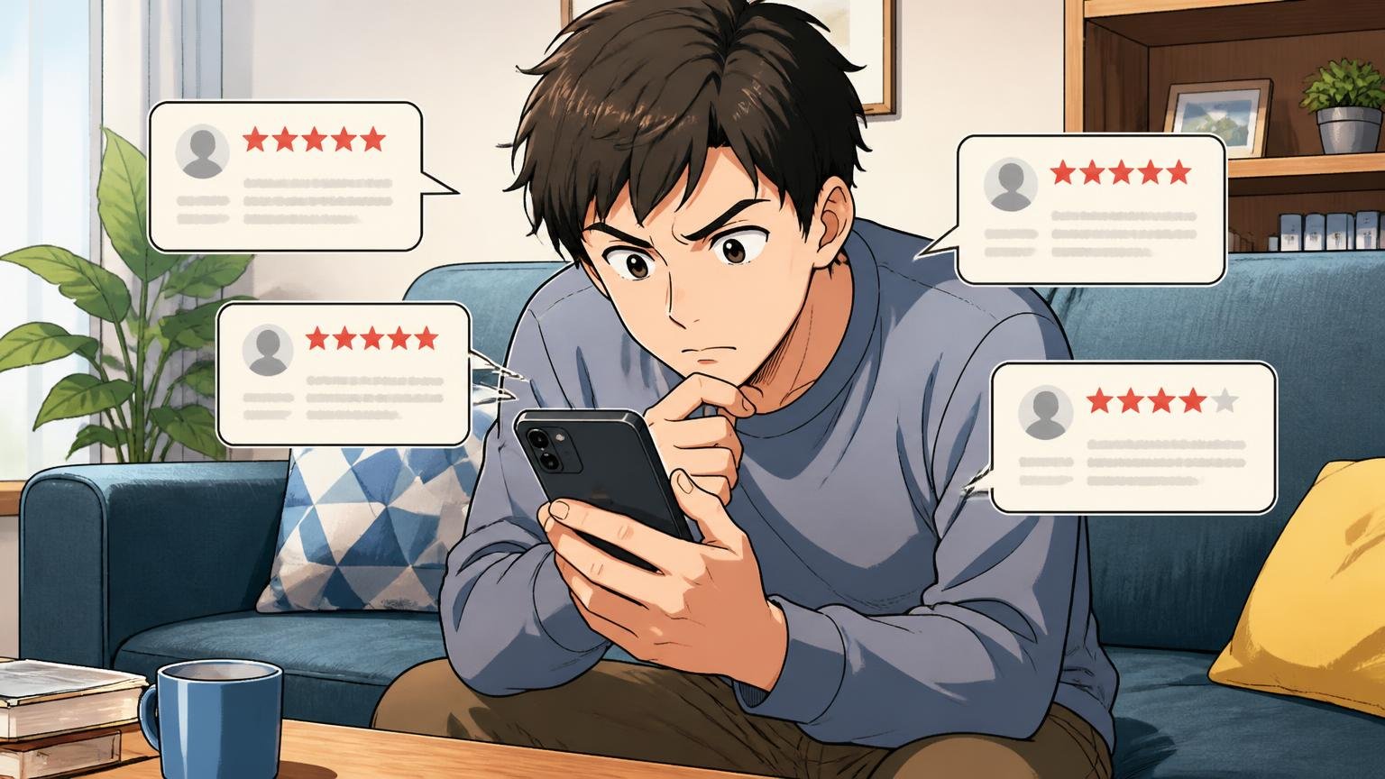 楽天レビューの多くは、購入直後に書かれた公式ショップの声　自宅のソファで男性がスマホのレビュー画面を真剣に見比べる場面