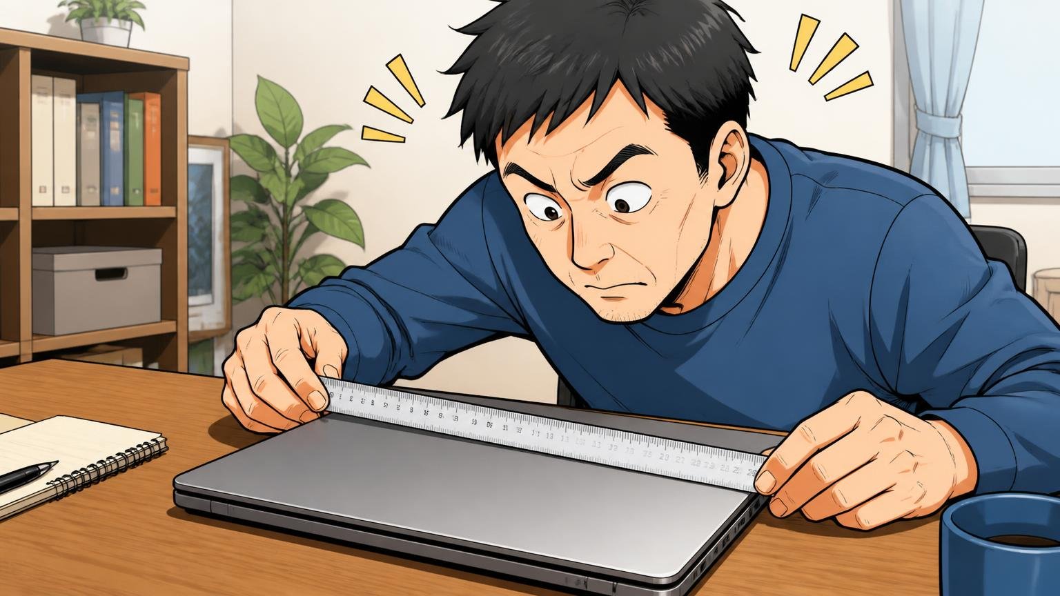 自分のPCの縦・横の長さを測っておく 自宅のデスクで定規を使い、ノートPCの縦と横の長さを測る40代男性1人