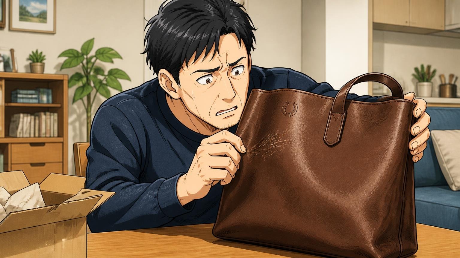 「ただの引っかき傷」馬革の傷・焼印に戸惑った声 自宅のテーブルで届いた馬革バッグの傷を見つめて眉をひそめる40代男性1人