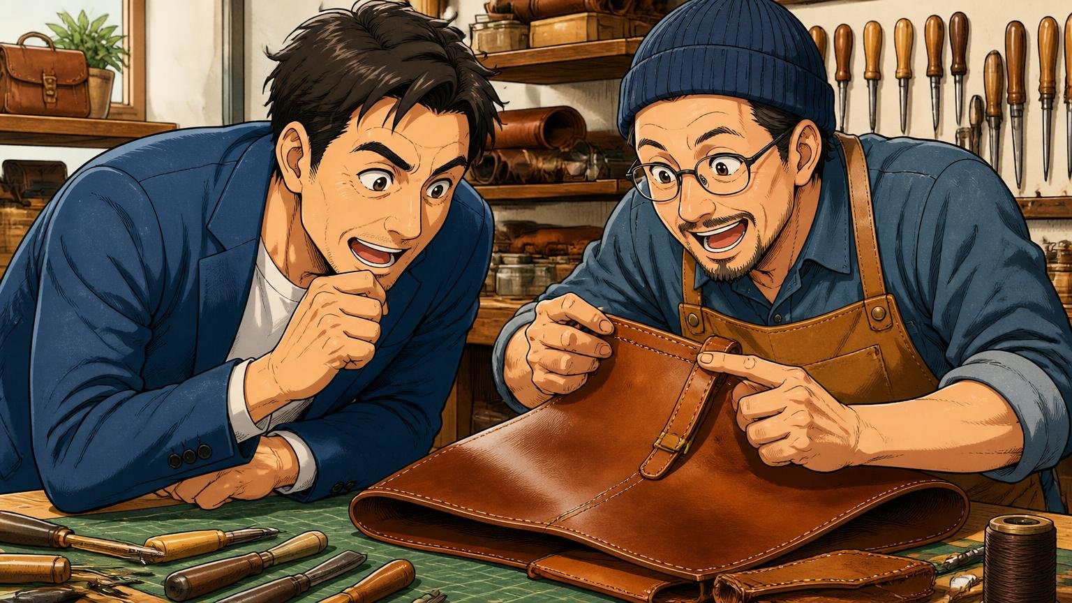革バッグ選びでも日本製と職人の縫製と修理対応を外さない。革工房の作業台で職人が縫い目を見せ、身を乗り出して感心する40代男性と職人の2人