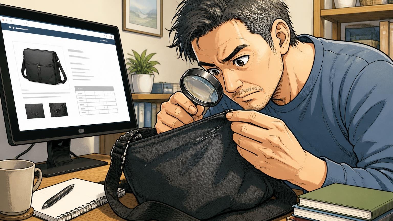 生産国と縫製を、公式サイトの表記で確認する 自宅のデスクで公式サイトとバッグの縫い目を見比べる場面 40代男性1人が虫眼鏡で真剣にチェック