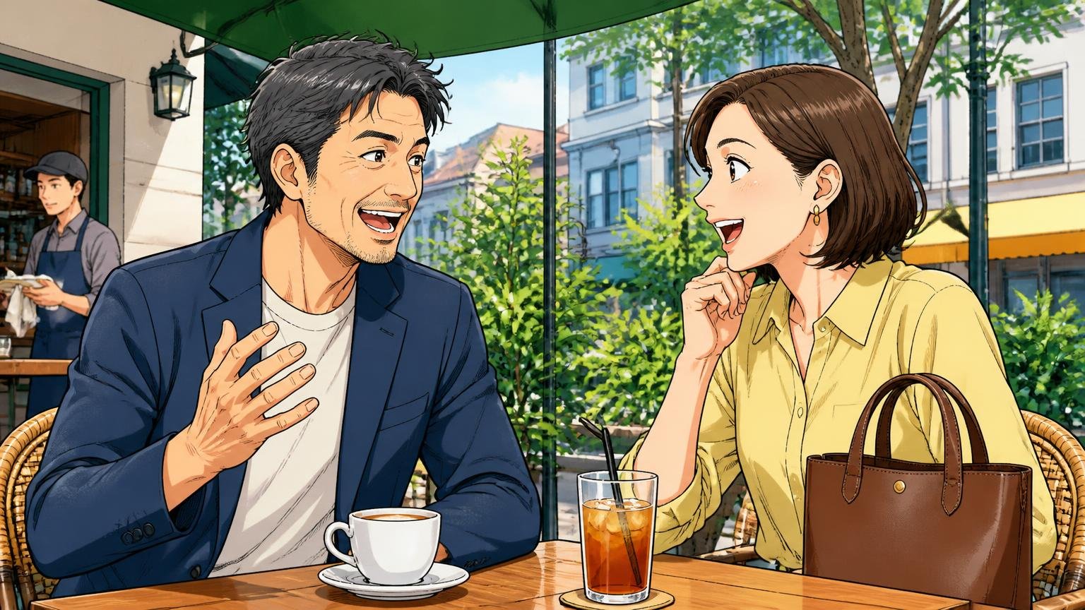 向いている人:休日やちょっとした外出に、手頃な本革の小型バッグを楽しみたい人 休日のカフェのテラス席で革のミニトートを横に置いた40代男性1人と30代女性1人が楽しそうに話す場面