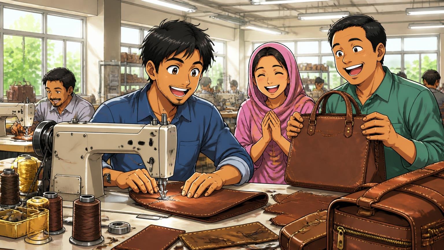 2006年設立、バングラデシュの自社工場で作るブランド|明るい工場の作業台で職人たちが革のバッグを縫い、出来栄えに笑顔を見せる場面