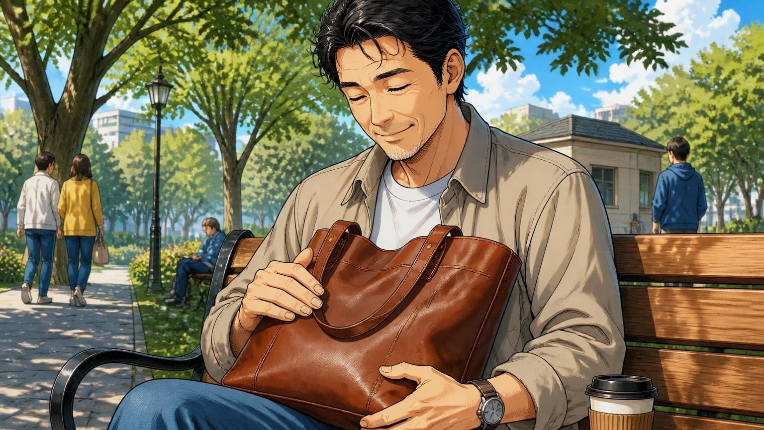 向いている人｜休日もオンも革を「育てる」時間を楽しみたい人。休日の公園のベンチで革トートを撫でる40代男性1人が満足げに笑う場面