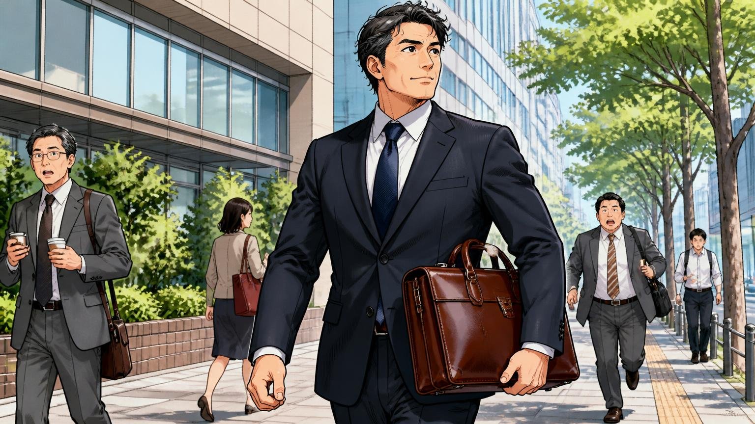 万双のブリーフケースが向いている人。朝の通勤路で艶のある革のブリーフケースを持ち胸を張って歩く40代男性1人
