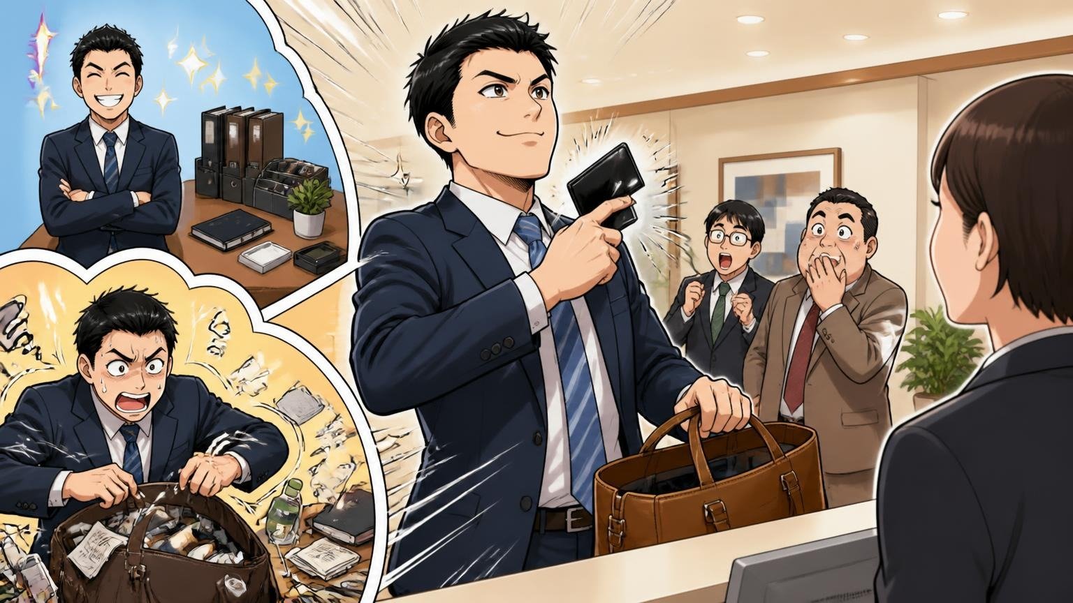 定位置づくりが向いている人・向いていない人、取引先の受付で男性が革トートから名刺入れを一瞬で取り出し胸を張る場面