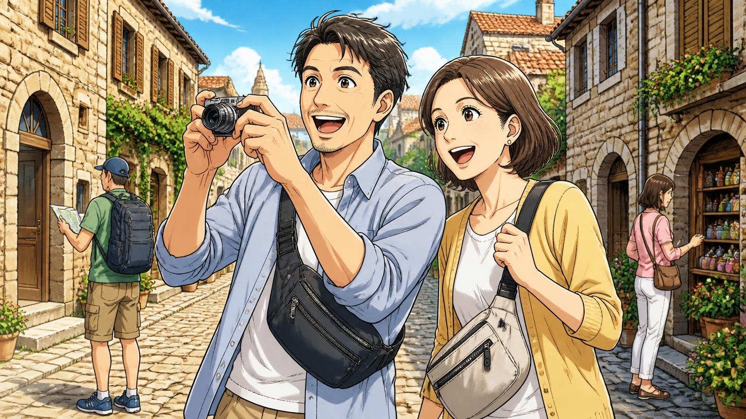 向いている人：休日や旅行に軽さと手頃さを求める人 旅行先の石畳の街並みでボディバッグを斜め掛けして写真を撮る40代夫婦