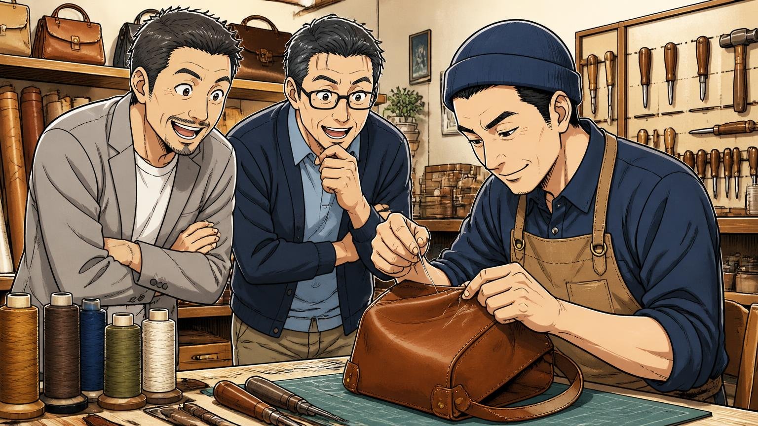 「誰が、どこで仕立てたか」を公開しているかを見る 日本の工房で職人が革の鞄を縫う様子を見学する40代男性2人